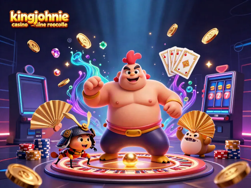 Engage with kingjohnnie casino online roulette through a vibrant 3D illustration featuring casino elements.
