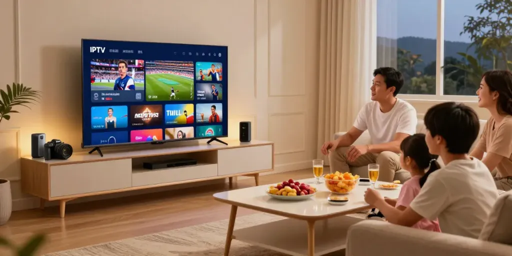 family enjoying a live sports event while testing IPTV service