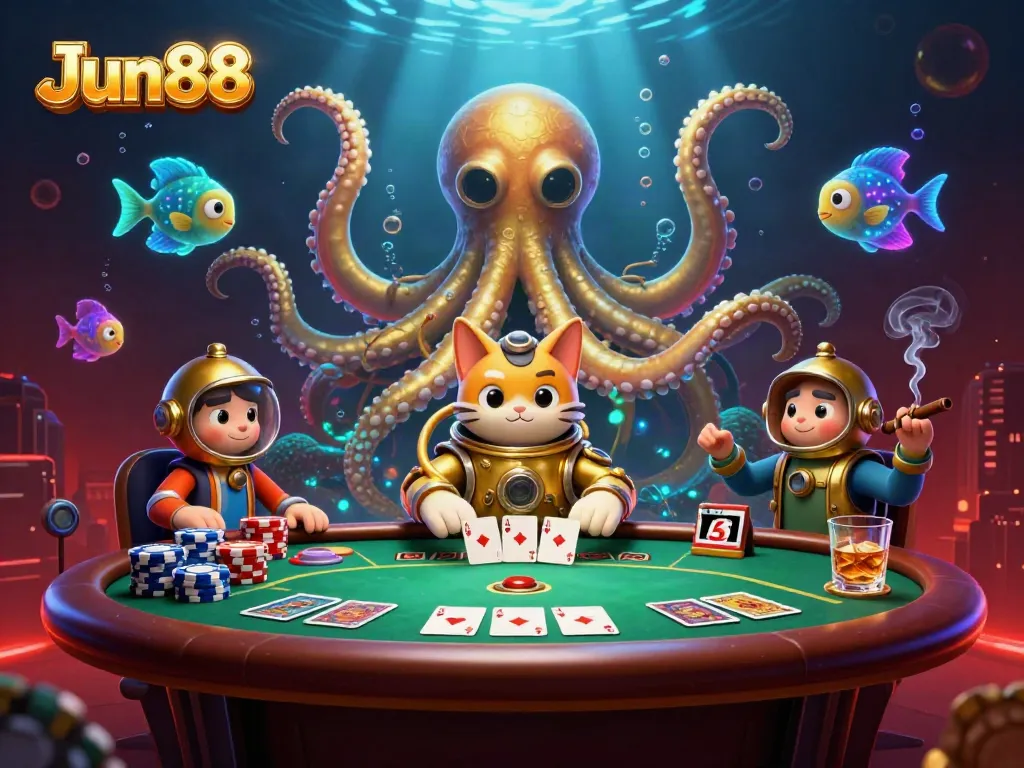 Experience the thrilling Jun88 gaming adventure with a colossal kraken and animated characters around poker elements.