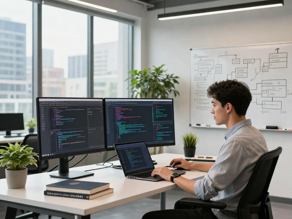 Person developing hot ai algorithms in a modern tech workspace with monitors and urban view.
