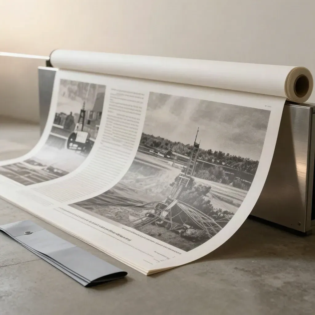 Rotoli di poster in grande formato si srotolano sul pavimento davanti a un pannello di finitura.