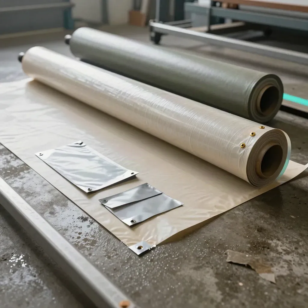 Banner in PVC arrotolato con occhielli e tubi di finitura in un magazzino umido.