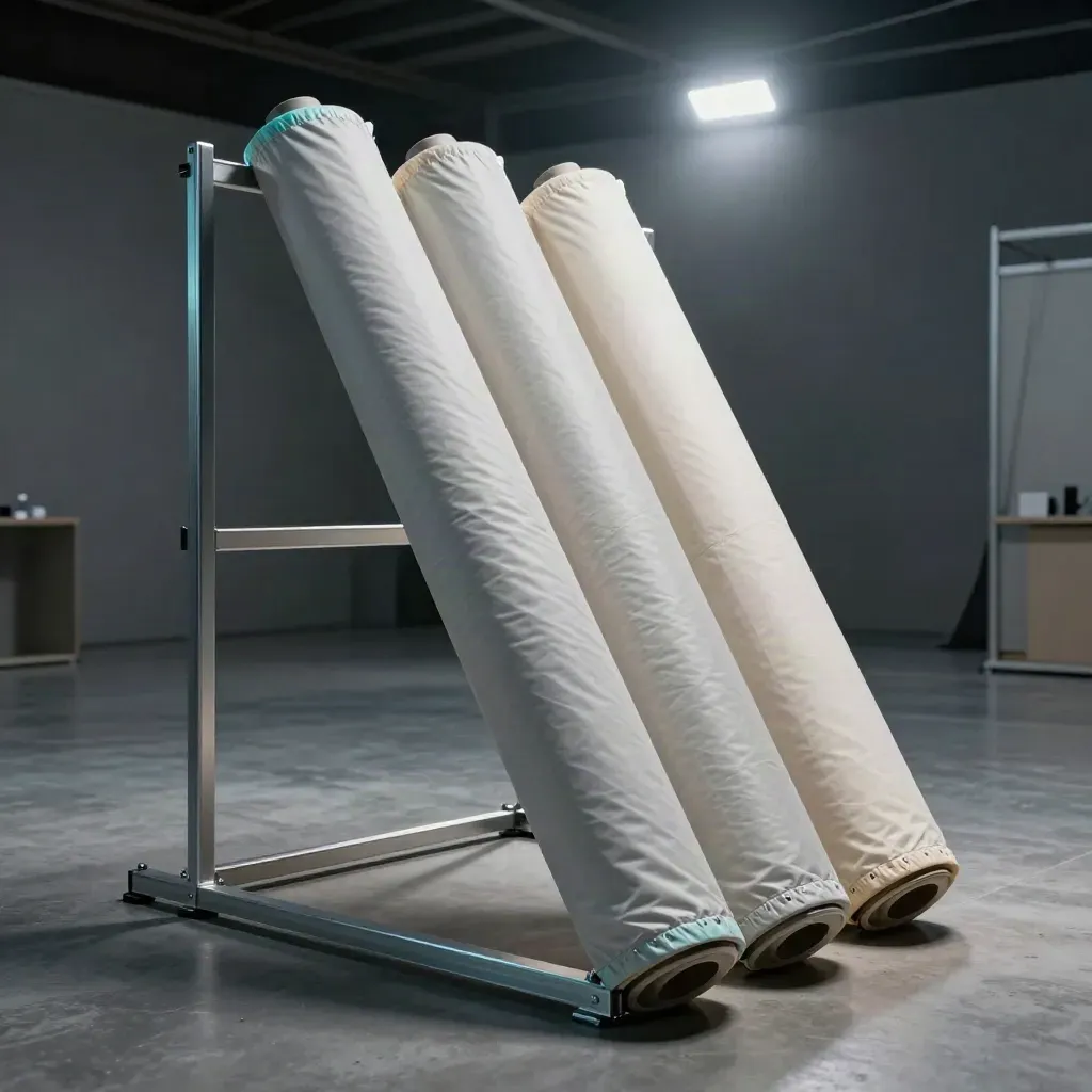 Tre banner PVC arrotolati in uno stand fieristico vuoto, con struttura assemblata e basi zavorrate.