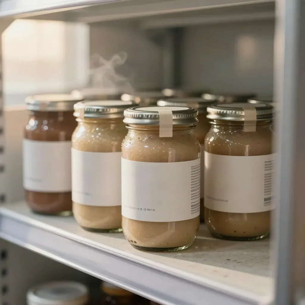 Barattoli di vetro e bottiglie opache con etichette coordinate su scaffale refrigerato.