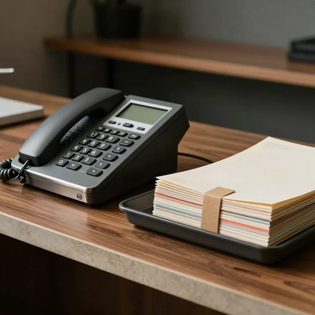 Base telefono, campione materiali e vassoio ordini su banco in ufficio stampa