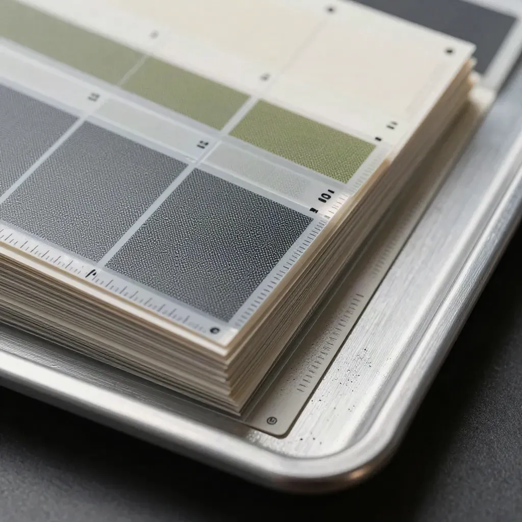 Tavole CMYK, overlay trasparenti e strip di prova in macro tecnico su alluminio.