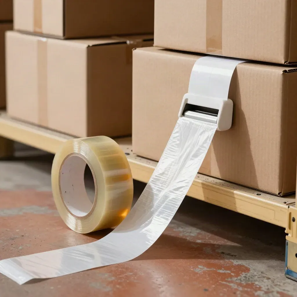 Scatole da spedizione, nastro, etichettatrice e stretch wrap su scaffale di magazzino in luce morbida.