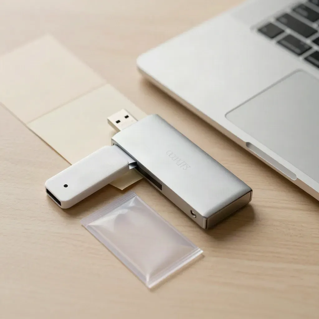 Chiavetta USB, lettore schede e busta protettiva su legno chiaro con laptop chiuso.