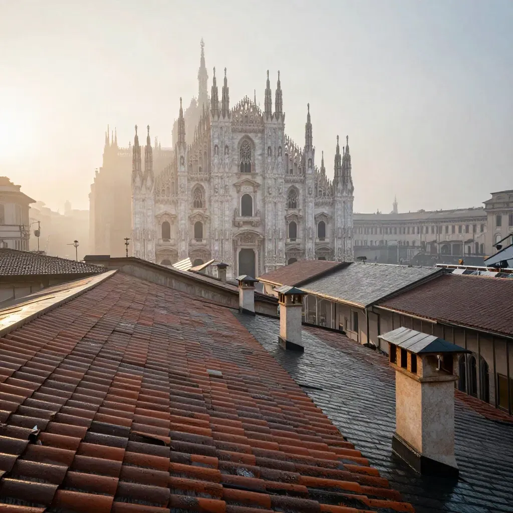 Vista ampia di Milano all’alba con il Duomo tra nebbia e tetti bagnati