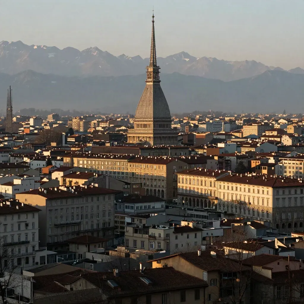 Torino al tramonto con la Mole e le Alpi sfumate in lontananza