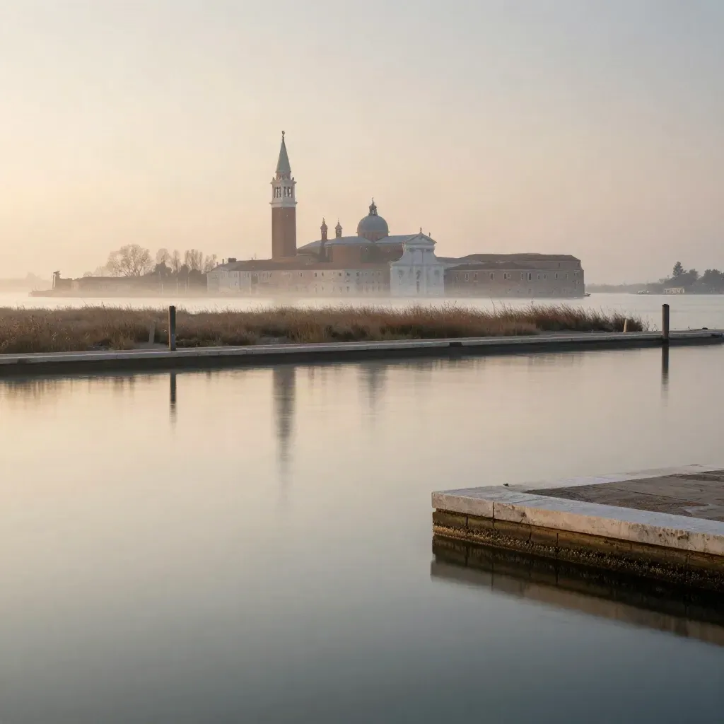 Laguna veneziana al crepuscolo con campanile alto, acqua specchiante e foschia morbida