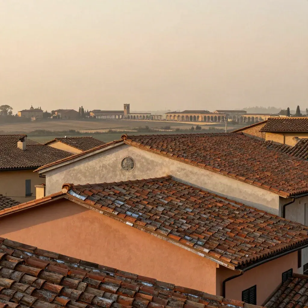Veduta alta dell'Emilia-Romagna con tetti in terracotta, intonaci caldi e foschia dorata serale