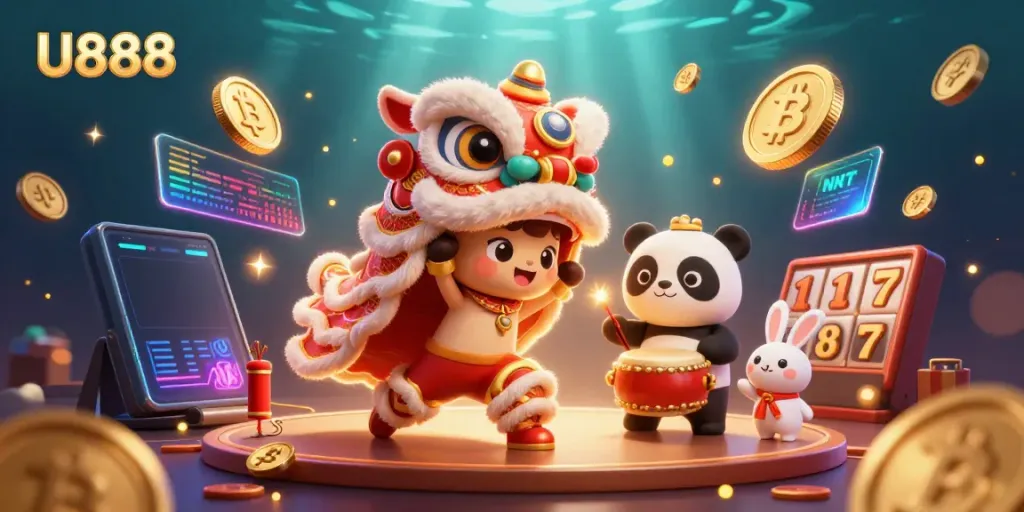 Experience thrilling gameplay at U888 with a vibrant lion dance scene and dynamic digital elements.