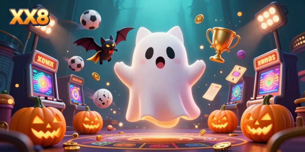 Experience the thrills of XX8 with an enchanting ghost cat and vampire bat in a rich casino setting.