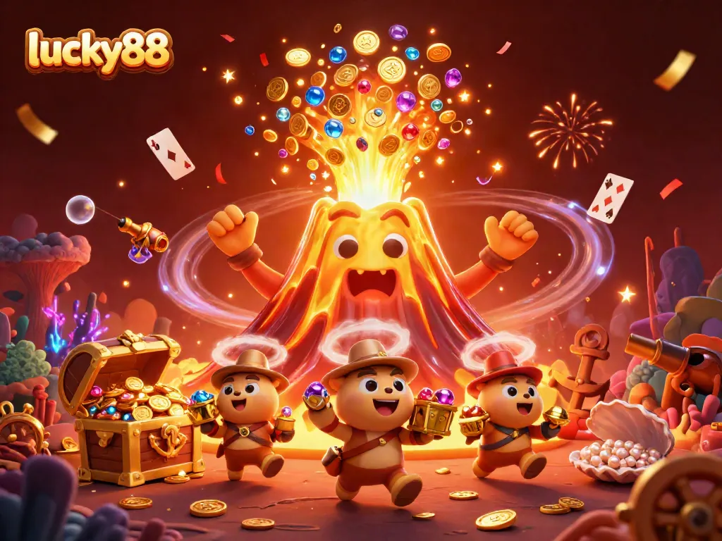 Engage with lucky88, where a lively golden volcano erupts coins and treasures amidst festive casino elements.