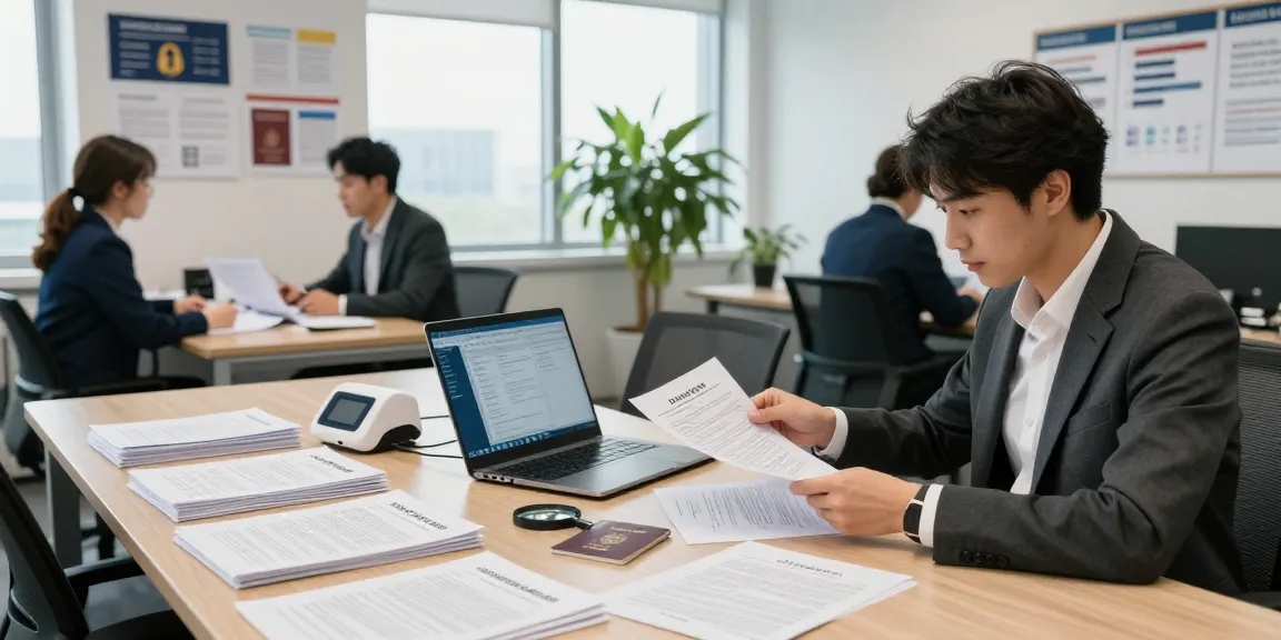 Document fraud detection analysis in a professional office with an analyst examining secure documents.