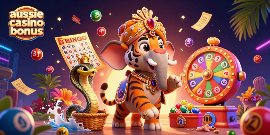 Experience exciting gaming with the aussie casino bonus, featuring dynamic casino elements in vibrant 3D illustration.